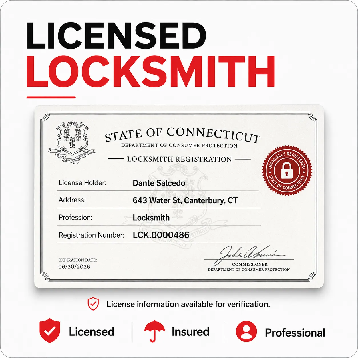 Licensed and insured locksmith in Connecticut